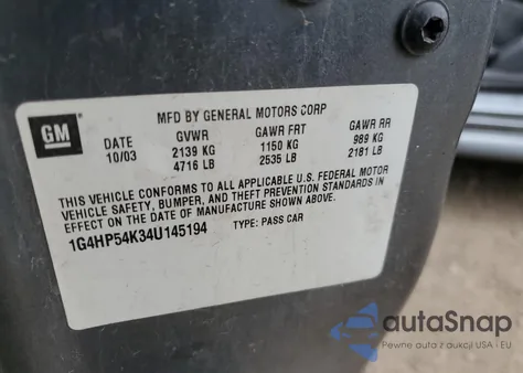 2004 Buick Lesabre Custom из США, поврежденный, VIN 1G4HP54K34U145194